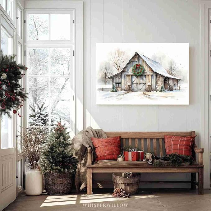 Rustic Landscape Wall Decor Barn Winter Cottage Wall Art Holiday Landscape Painting Rustic Winter Print Christmas Gingerbread Poster Indoor Decor for Living Room Bedroom Cabin Framed Ready to Hang