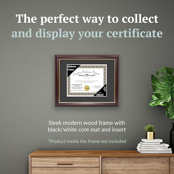 Creative Picture Frames 14x11 Mahogany Gold Rim Diploma Frame with Black Mat Glass and Installed Wall Hangers | Frame Holds 16x20 Media without Mat