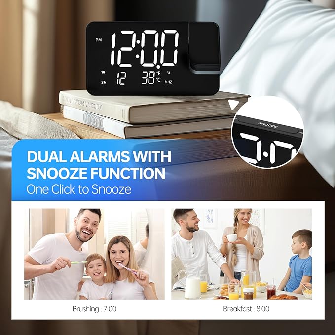 Projection Alarm Clock for Bedroom-Alarm Clock Radio with 180° Rotatable Projector LED Display, Dual Alarm,Dimmer for Kids Elderly,Heavy Sleepers,Snooze,12/24H,DST