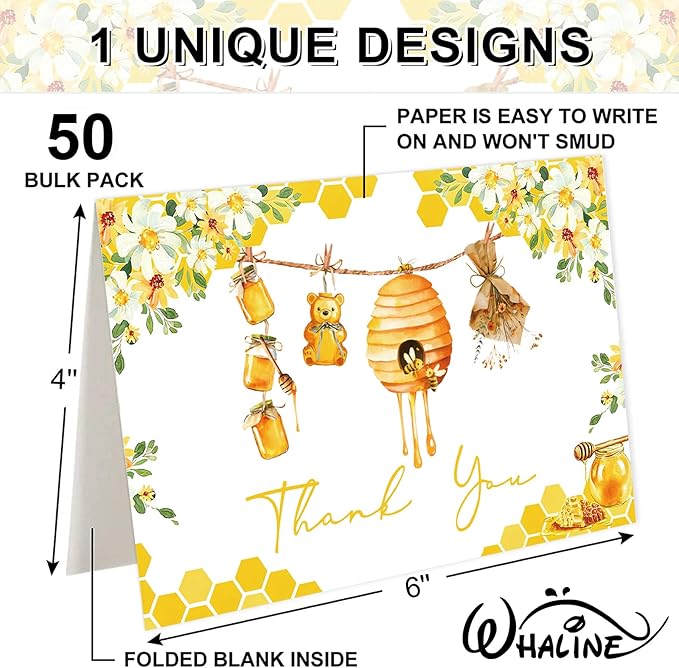 Whaline 50 Pack Little Honey Bee Baby Shower Thank You Cards Boxed Greeting Cards with Envelopes Stickers Honeycomb Flower Blank Note Card for Summer Birthday Party Supplies