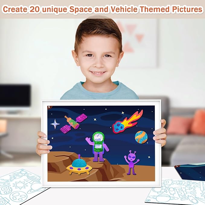 SOOVSY 200 Sheets Space Vehicles Foil Art Fun Kit for Kids, Foil Art for Kids, No Mess Art Crafts Kit DIY Creative Gift Children Travel Toys for 4 5 6 7 8 9 Years Old Girls Boys(Space Vehicle)