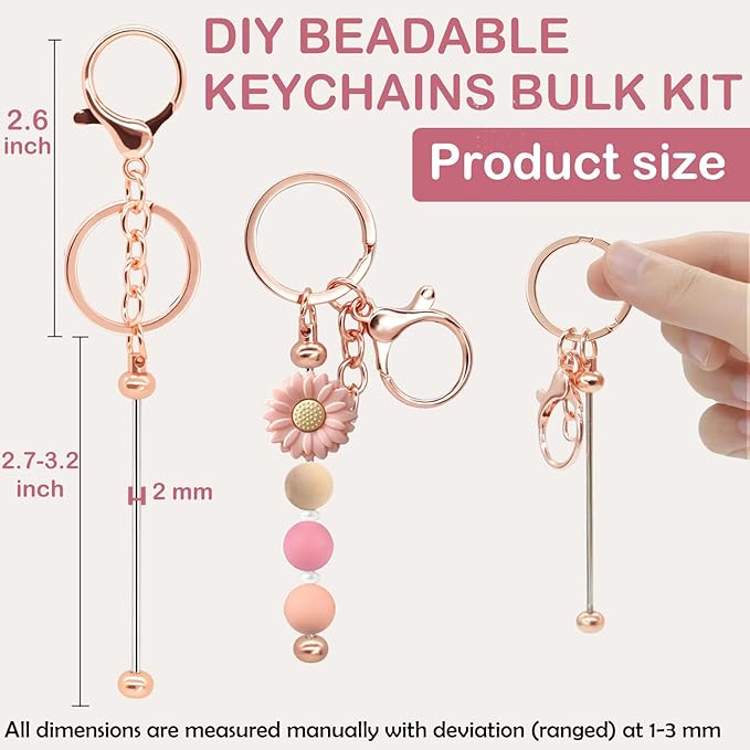 Eikovia 20 Pcs Keychain Making Kit,DIY Beadable Keychains Bulk Kit,Keychain Making Supplies for Crafts, Jewelry, Charms, DIY Projects, Blank Chain Beaded Keychains Design for Women Man,Rose Gold
