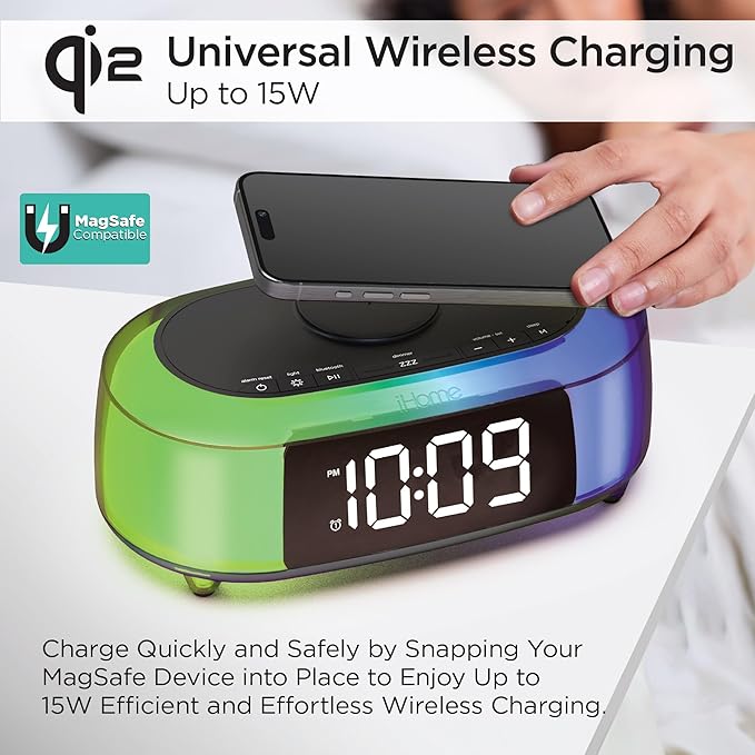 iHome Alarm Clock Radio with Qi2 Magnetic Wireless Charger, Bluetooth Speaker, and 2 USB Chargers (iBTW282)