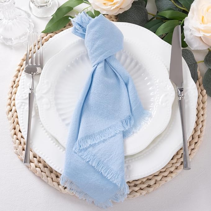 6 Pack Baby Blue Cotton Linen Napkins with Fringe Spring Cloth Napkins Set of 6 Boho Handmade Dinner Napkins Bulk for Wedding Bridal Baby Shower Valentine's Day, 17 x 17 Inches