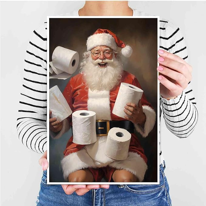 Canvas Santa Bathroom Wall Art Toilet Humor Decor Vintage Christmas Holiday Wall Art Restroom Amusing Gift Santa Toilet Rolls Funny Poster 12x18in-UnFramed
