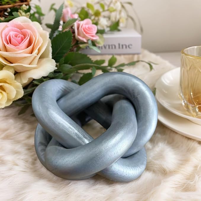 GUDAGUU Wood Knot Decor -Coffee Table Decor Shelf Decor Table Books Hand Carved Home Decoration Boho Country Rustic Modern Shabby Chic Style 3 Link Wooden Knot Chain Link Decor (Silver)