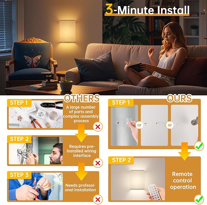 Adhesive Battery Operated Wall Sconce Set of 2, 6000 mAh Battery Rechargeable Bulb with 12 RGB Colors, Stick on Cuboid Wall Sconce No Drill Wall Lights, Linen
