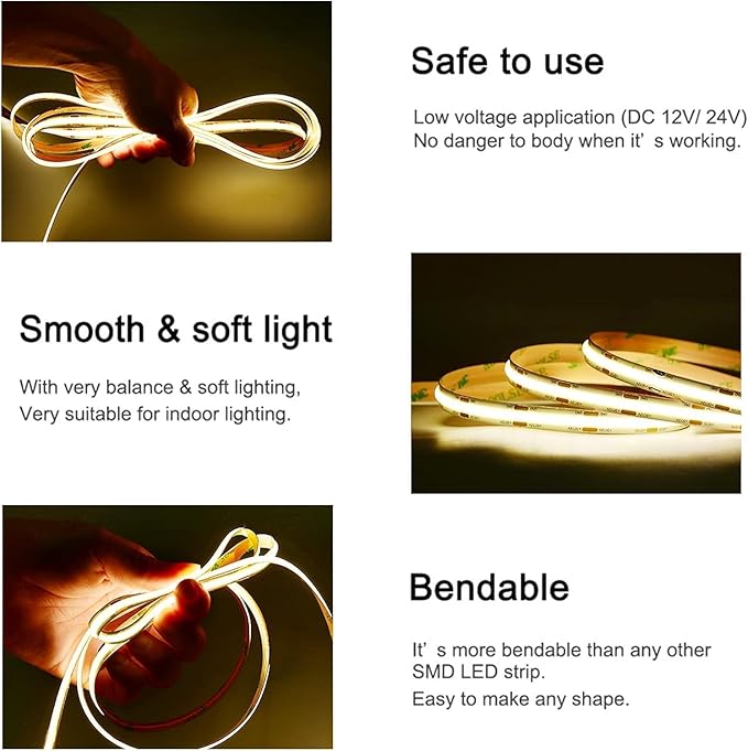 COB LED Strip Light UL Listed DC 12V LED Strip Light Flexible Super Bright Dimmable LED Strips,16.4ft 1600LEDs High Density Uniform Led Lights for Home Bedroom (Natural White 4000K)
