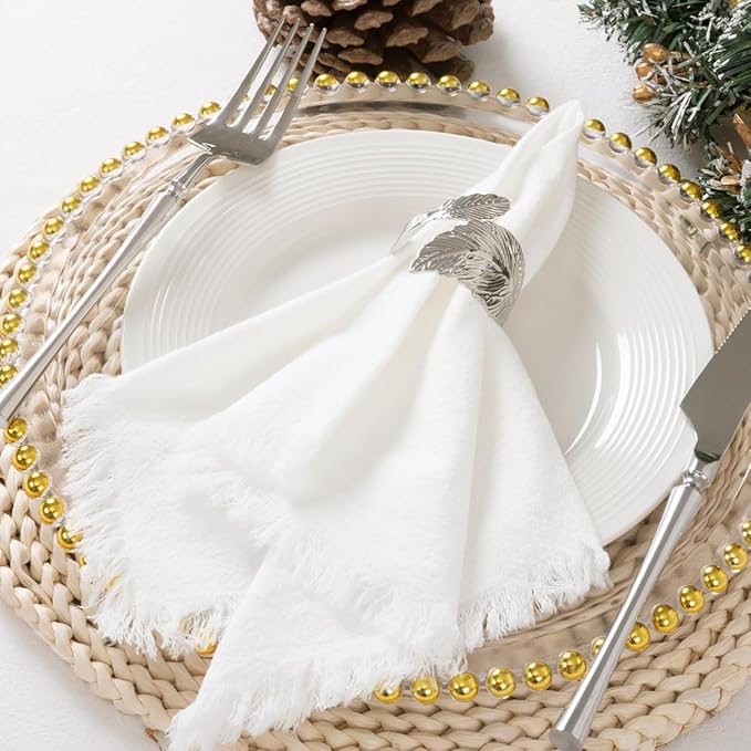 12 Pack Ivory White Cotton Linen Napkins with Fringe Christmas White Cloth Napkins Set of 12 Boho Handmade Dinner Napkins Bulk for Wedding Bridal Baby Shower Valentine's Day, 17 x 17 Inches