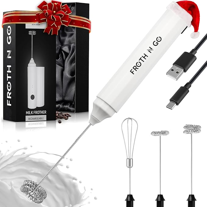 Zulay Froth N Go Milk Frother – Rechargeable 3-in-1 Handheld Frother Wand with Travel Case & USB-C Charger – Single, Double & Egg Whisk for Latte, Cappuccino, Matcha, Protein Shakes – Red