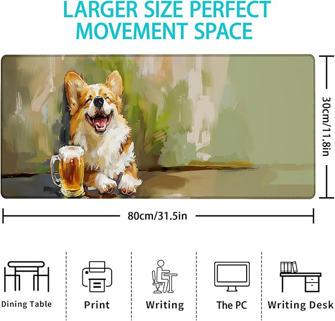 Corgi Dog Beer Gaming Mouse Pad, Mouse Pad, Desk Mat, Non-Slip Rubber Base MousePads for Computers Laptop Office School Home Accessories Decor Gifts 31.5" x 11.8"