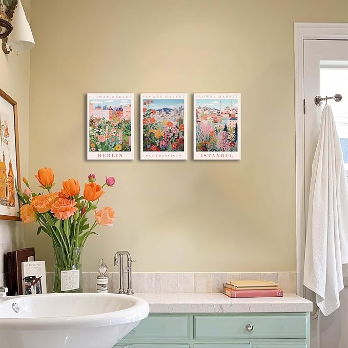 XLARTMY Flower Market Wall Art Prints Canvas Orange and Pink Floral Paintings Colorful Botanical Travel Flower Posters for Home Decor Pictures Set of 3 for Living Room Bedroom 12x16in