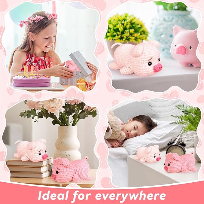 2 Pack Pig Crochet Kit for Beginners with Easy Yarn and Step-by-Step Video Tutorials, Beginner Crochets Kit for Adults, DIY Crochet Animal Kits Art Crafts Knitting Kits Ideal Gifts for Teacher Gifts