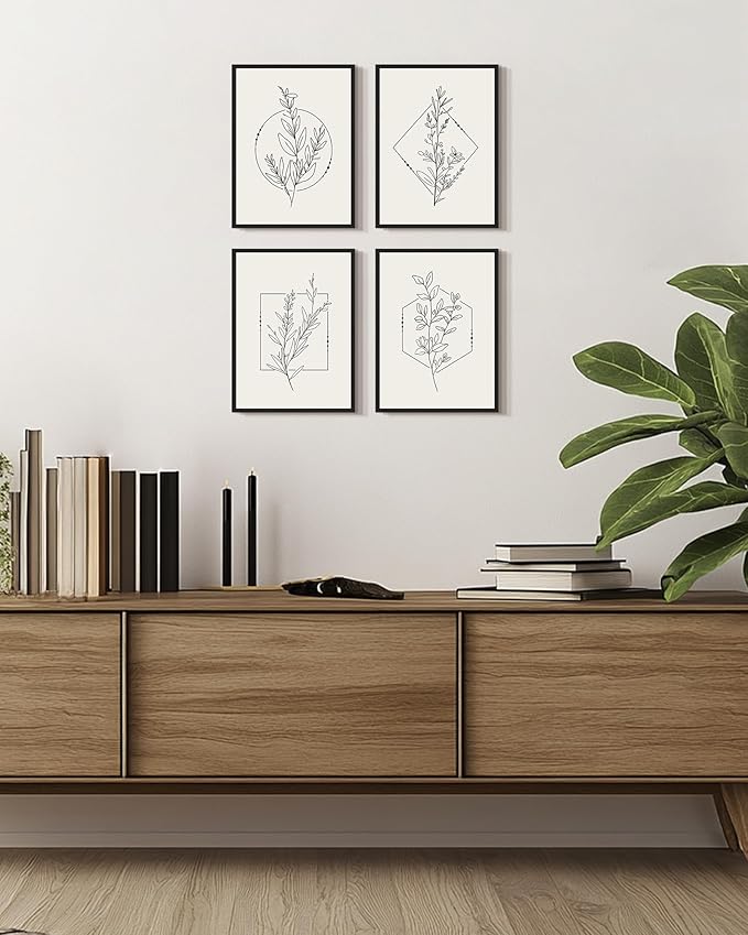 Drsoum Botanical Flower Boho Framed Wall Art Wooded Minimalist Aesthetic Floral Prints Farmhouse Retro Plants Rustic Bathroom Kitchen Home Decor Ready to Hang 11x14inx4pcs (Black Framed)