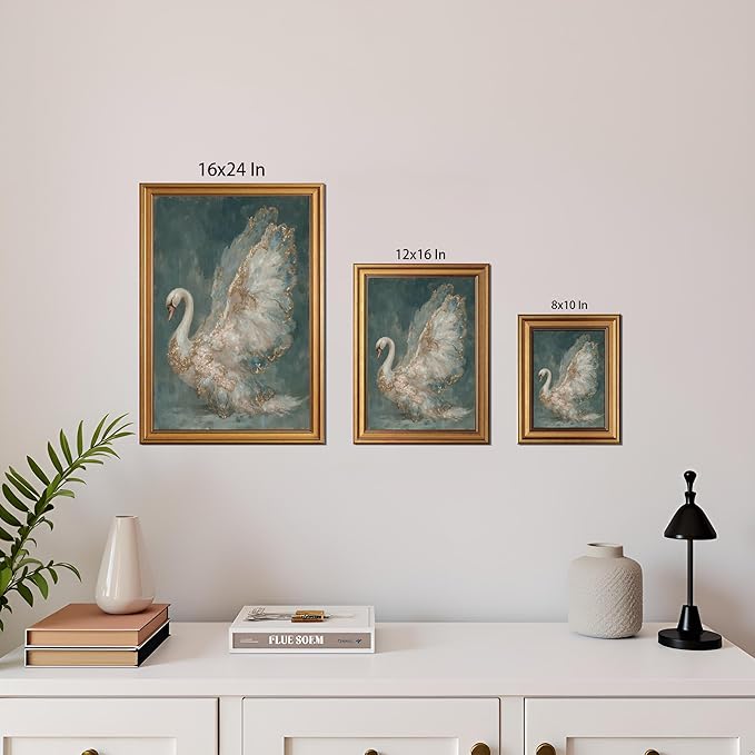 okudolit Gold Framed Vintage Swan Canvas Wall Art Print Luxury Animal Oil Painting Graceful Bird Artwork Picture Baroque Wall Decor for Living Room Bedroom and Office 16"x24"