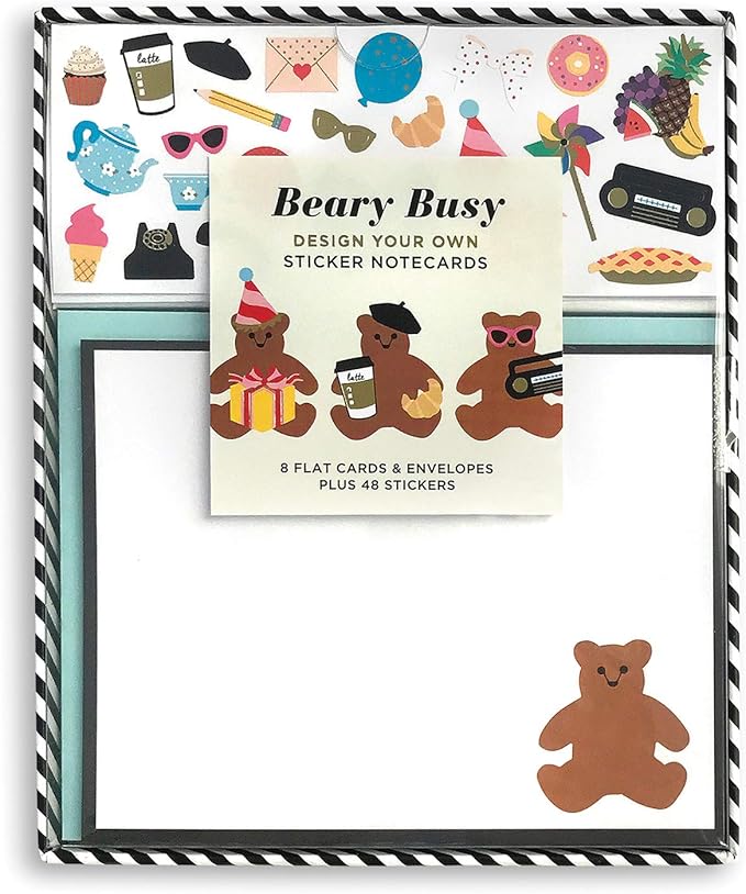 Mrs. Grossman's Design Your Own Sticker Notecards Card Making Kit - includes 8 Cards, Envelopes, and Classic Stickers - Create DIY Thank You, Birthday, Greeting Cards (Beary Busy)