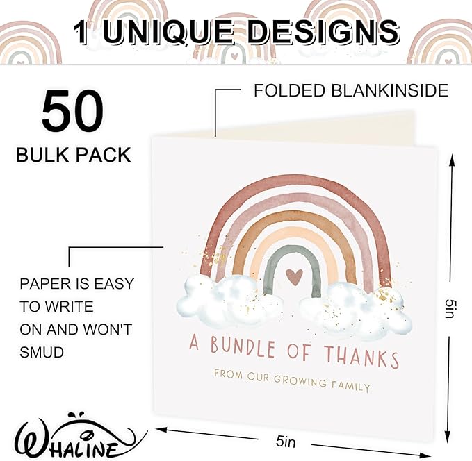 Whaline 50 Pack Baby Shower Thank You Cards Boxed Boho Rainbow Thank You Note Cards with Envelopes Stickers for Birthday Invitation, 5 x 5 Inch