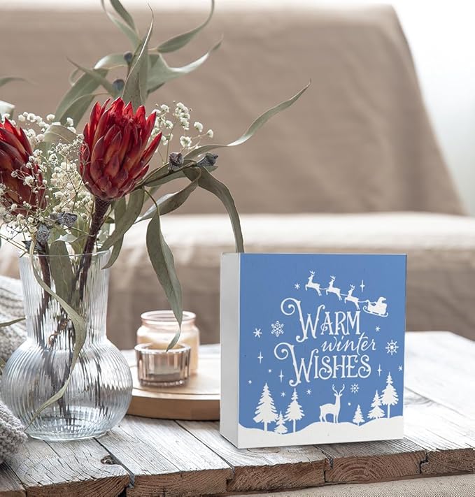Warm Winter Wishes Christmas Wooden Box Sign,Christmas Desk Decor,Farmhouse Christmas Trees Santa Reindeer Xmas Wood Signs for Home Office Table Shelf Decoration,Winter Sign,5x5 Inch(blue)