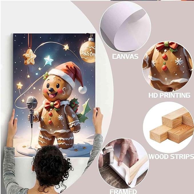 Framed Canvas Wall Art festive gingerbread character Funny Christmas Poster Trendy Christmas Decor 28x40in Wood Framed