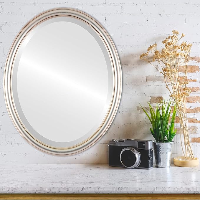 OVALCREST Oval Beveled Wall Mirror for Home Decor - Saratoga Style - Silver Leaf with Brown Antique - 18x22 Outside Dimensions
