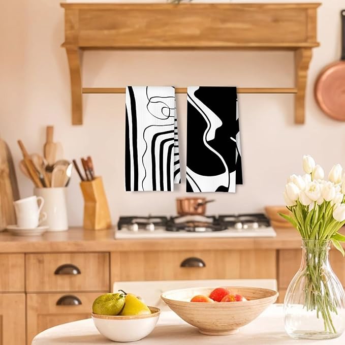 Abstract Black and White Kitchen Towels Set of 2, Modern Minimalist Wavy Line Art Dish Tea Towels for Kitchen, Contemporary Decor Hand Towels for Bathroom, 16x24 Inches