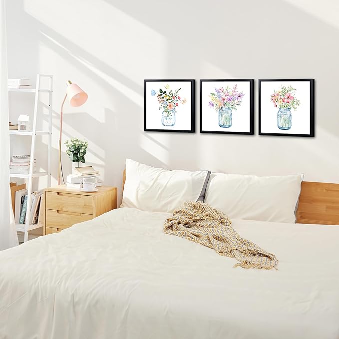 LyerArtork 3 Piece Flowers Wall Art Canvas Prints Butterfly Wildflowers in the Vase Floral Botanical Watercolour Painting Rustic Wall Decor for Living Room Bedroom Black Framed 12x12inchx3
