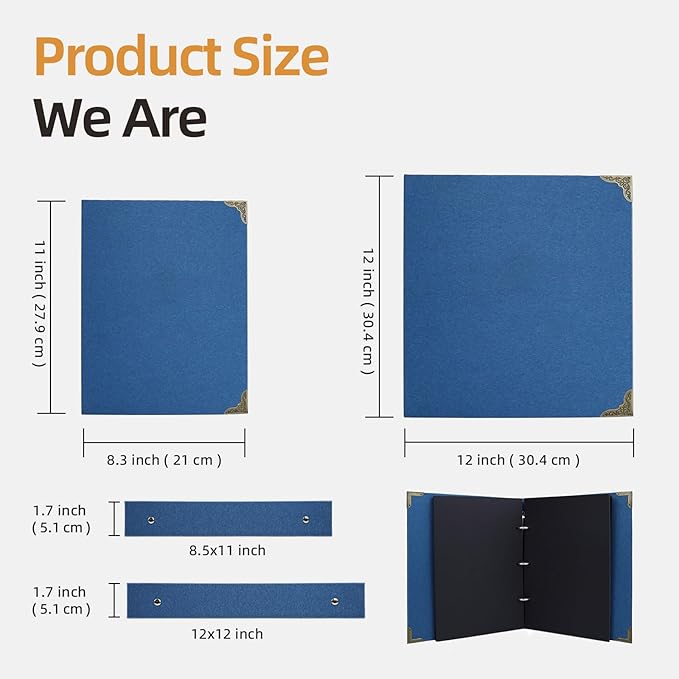 Vienrose DIY Scrapbook Photo Album Kit with Pens Tapes and Stickers 60 Pages Hardcover 12x12 Inches 3 Rings Removable Black Paper Scrapbooking for Lover Friends Kids Wedding Blue
