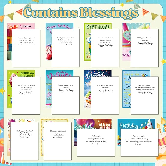 48 Pack Religious Christian Birthday Cards Bulk with Scripture Assorted Bible Verse 4.5 x 6.2 Inch Christian Blessings Birthday Greeting Cards with Envelopes and Stickers (Bright Style)