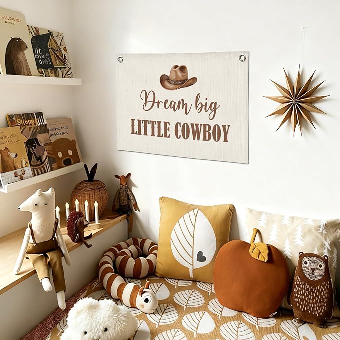 Vintage Western Cowboy Nursery Decor Wall Art,Dream Big Little Cowboy Linen Banner Print,Western Wall Decor Hanging Banner Flag for Kids Boys Toddler Nursery Bedroom Playroom 30x20 Inch