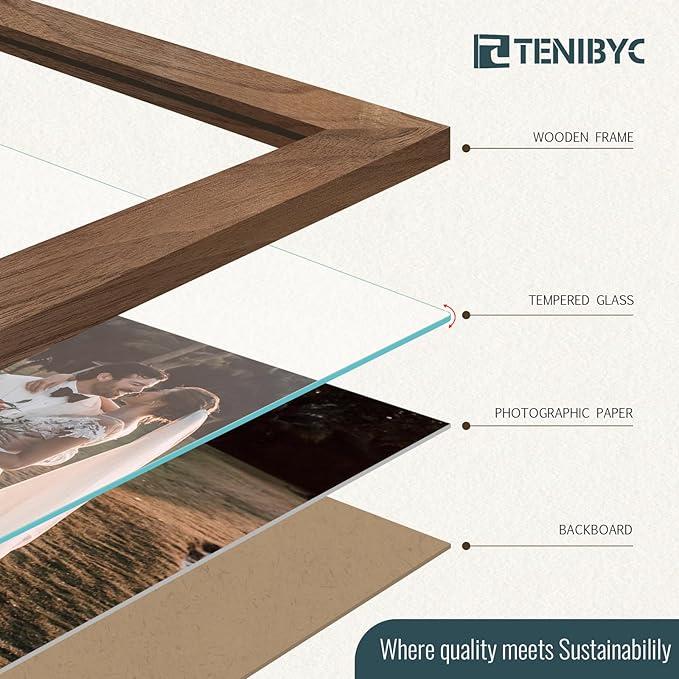 5x7 Picture Frame 4 Pack, Walnut Wood, Brown Photo Frame, HD Tempered Glass, for Table Top and Wall Display