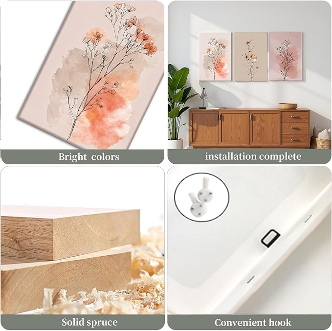 okudolit Boho Vintage Flower Wall Art Set of 3 Minimalist Floral Botanical Prints Rustic Wildflower Wall Decor Beige and Pink Neutral Plant Painting for Living Room Bedroom Office-12x16in