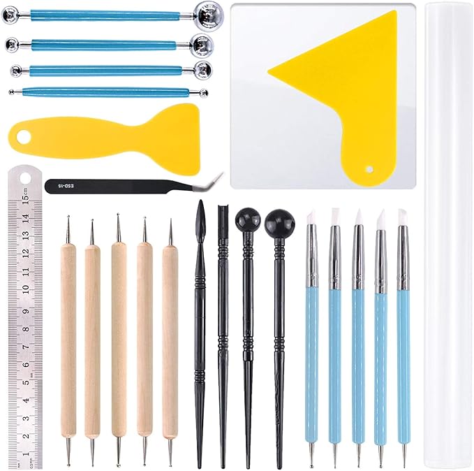Rustark 24 pcs Pottery Tools Polymer Modeling Clay Sculpting Tools Set Dotting Pen, Silicone Tips, Ball Stylus, Pottery Ceramic Clay Indentation for Clay Ceramic Sculpture, Cake Fondant Decoration