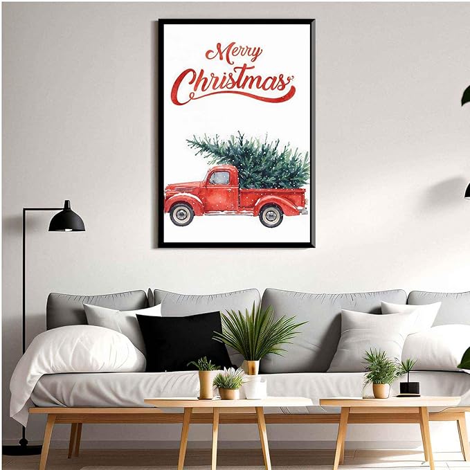 Framed Canvas Wall Art Christmas Truck Print Red Vintage Pickup Truck Christmas Tree Home Decor Holiday Wall Art Watercolor Painting 16x24in Metal blackFramed