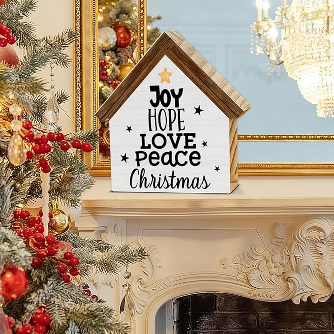 Joy Christmas Sign Decor, Joy Hope Love Peace House Shaped Wooden Sign, Rustic Christmas Decorations for Desk Table Shelf