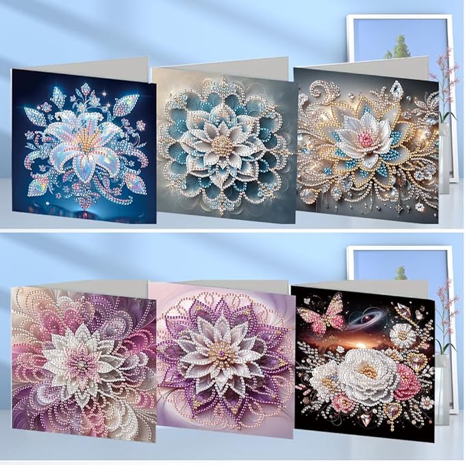 Ceitura 6Pcs DIY Diamond Art Painting Crafts Rhinestone Painting Greeting Card Making Kit Postcard for Holiday Christmas New Year Party Favors (Mandala Flower)