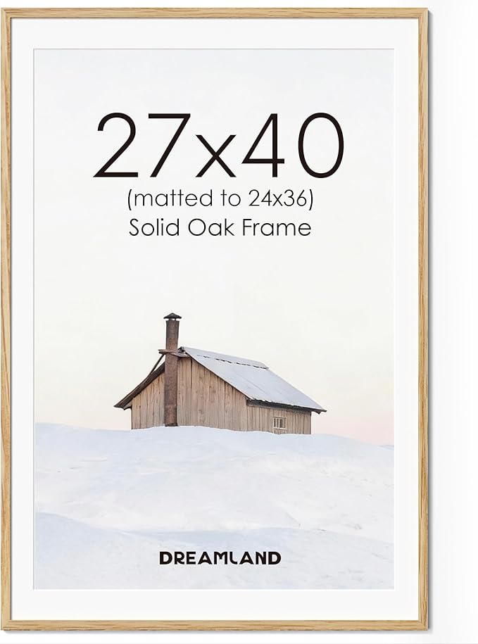 Dreamland Natural Oak Wood Picture Frame 27x40, Wooden Poster Frame with Mat for 24x36, 27 x 40 Matted Picture Frames with Tempered Real Glass for Wall Art Photo and Prints, Oak Color, Set of 1