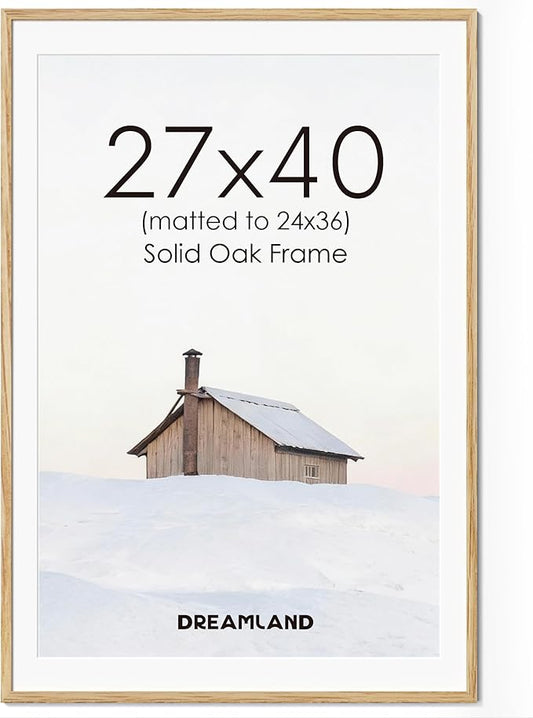 Dreamland Natural Oak Wood Picture Frame 27x40, Wooden Poster Frame with Mat for 24x36, 27 x 40 Matted Picture Frames with Tempered Real Glass for Wall Art Photo and Prints, Oak Color, Set of 1