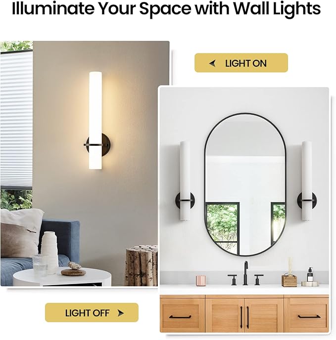 Black Wall Sconces Set of 2, 18 inch Bathroom Sconces with Acrylic Shade 18W 3000K LED Dimmable Modern Wall Sconces Wall Lights for Bedroom Living Room Hallway Stairway