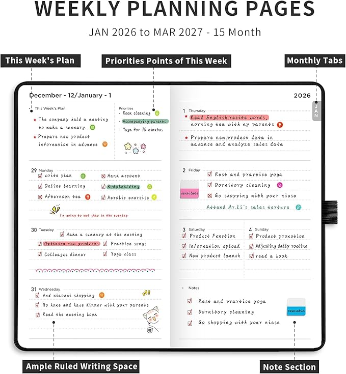 AHGXG Small Pocket Planner 2026-2027, Weekly and Monthly Calendar Planner, 15 Months, JAN 2026 - MAR 2027, Mini Size, Hardcover, Inside Pocket, For Women Men School Home Office Supplies, 3.9''X 6.7'' - Black