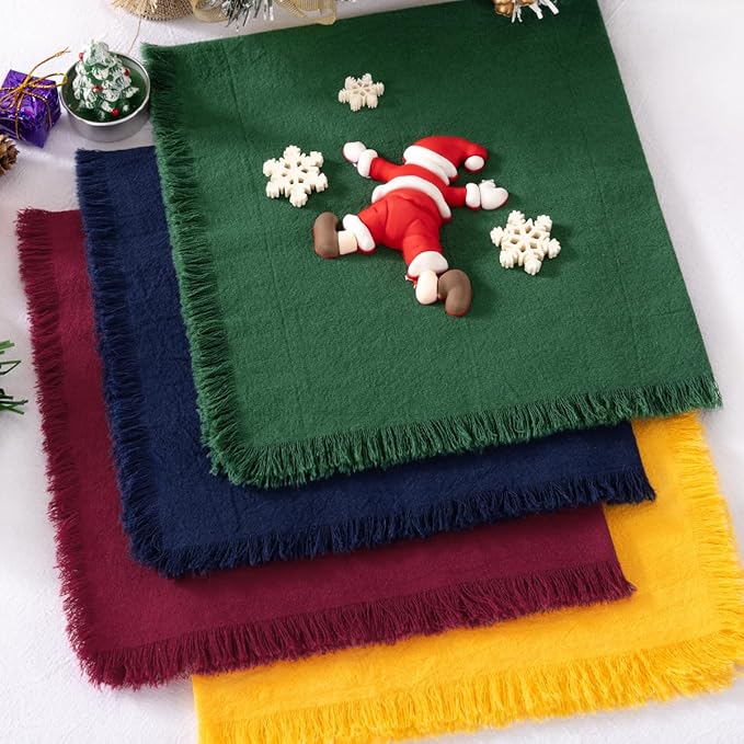 12 Pack Mixed Chriatmas Color Cotton Linen Napkins with Fringe Christmas Winter Napkins Cloth Set of 12 Boho Handmade Dinner Napkins Bulk for Wedding Xmas Dining Table, 17 x 17 Inches