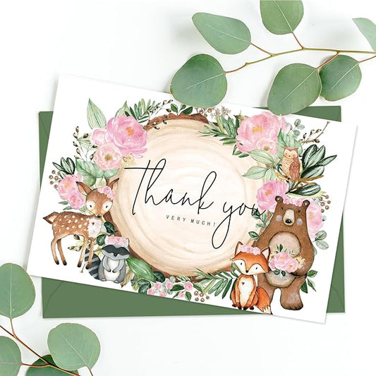 JarThenaAMCS 50 Pack Woodland Thank You Cards Boxed Pink Floral Forest Animal Greeting Cards With Envelopes Stickers Blank Note Cards for Baby Shower Birthday, 4 x 6 Inch