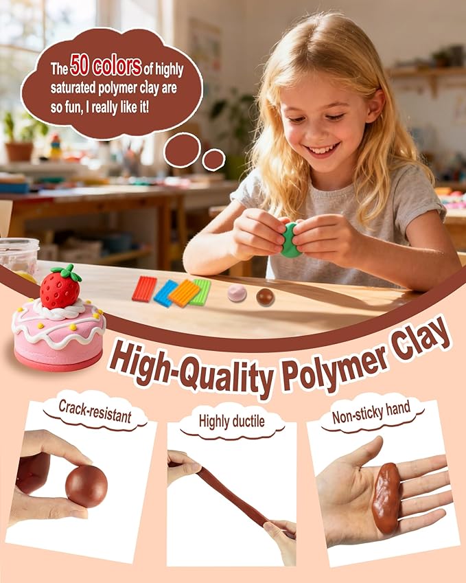 Polymer Clay Kit, 50 Colors Oven Bake Clay with 20 Sculpting Tools and 9 Accessories, Non-Sticky Modeling Clay for Kids DIY Crafts, Birthday and Christmas Gift for Beginners