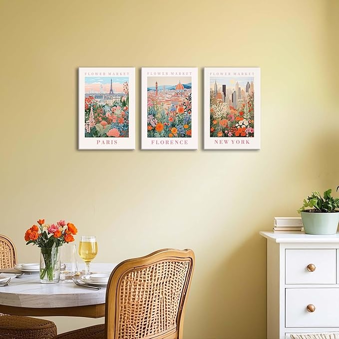 XLARTMY Flower Market Wall Art Prints Canvas Orange and Pink Floral Paintings Colorful Botanical Travel Flower Posters for Home Decor Pictures Set of 3 for Living Room Bedroom 16x24in