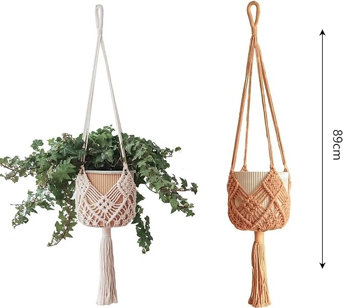 Macrame Plant Hangers 2 Pack, 35 Inch Indoor Outdoor Hanging Planter Basket with Wood Beads - No Tassels Flower Pot Holder for Boho Home Decor (Ivory/Coffee)