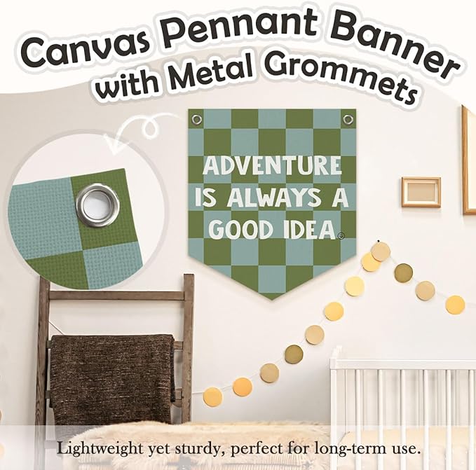 Boys Room Decor – Adventure Linen Pennant, Sage Green Canvas Triangle Flag, Wall Hanging Banner for Toddler Boy Nursery & Playroom, 14.5x12.6 in