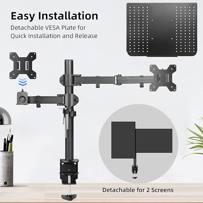 Suptek Monitor and Laptop Mount Holds 13-32 inch Computer Screen,Adjustable Monitor Arm Stand with Laptop Tray for 13-27 inch,Hold 22 lbs, with Clamp and Grommet Mounting Base