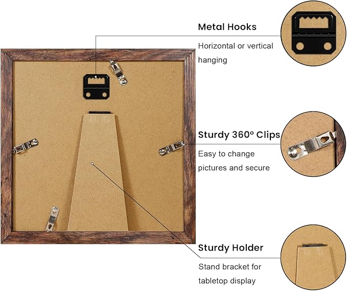8x8 Picture Frame Set of 9, Photo Gallery Wall Frame Set, Display Pictures 4x4 with Mat or 8 x 8 Without Mat, Square Frame Picture Frames Collage Wall Decor, Rustic Brown