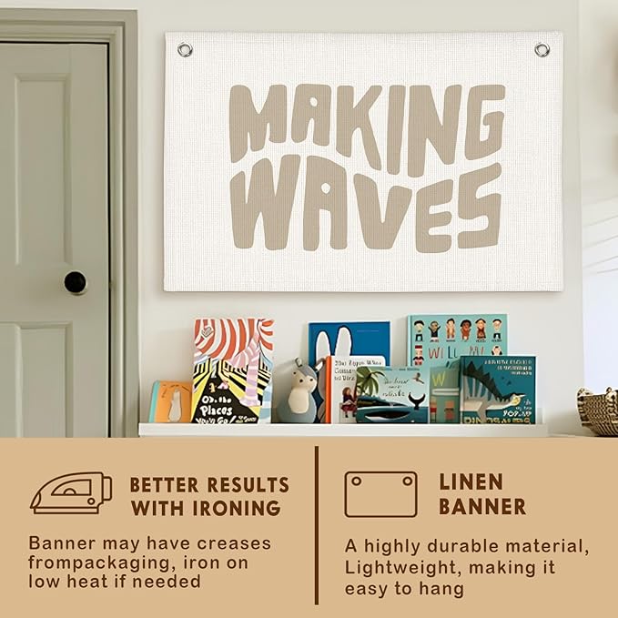 Lacama Coastal Nursery Boho Room Decor, Vintage Making Waves Canvas Banner Beach Kids Room Decor,Surf Nursery Decor Wall Hanging Banner Flag,30x20 Inch