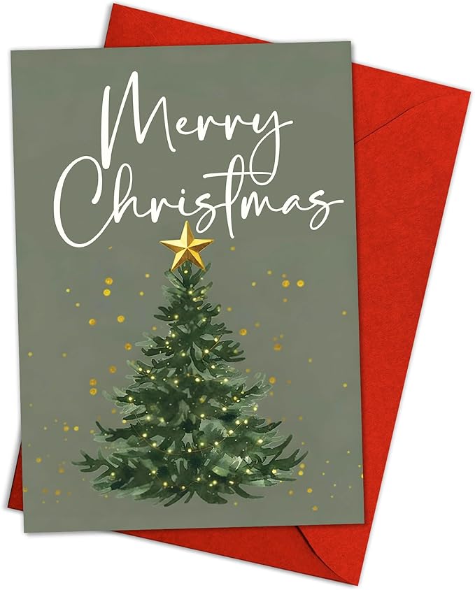 (5.3x8in) Merry Christmas Card with Envelope, Elegant Minimalist Holiday Tree Design with Golden Star, Simple Classic Christmas Greeting Card for Family, Friends, and Coworkers (Xmas 26)