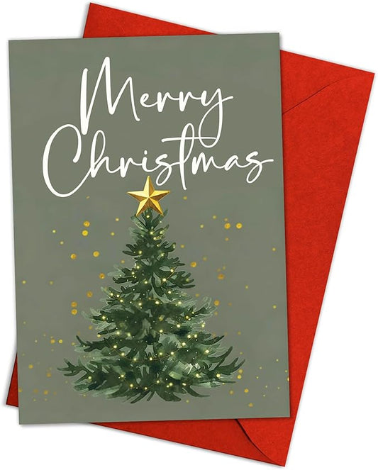 (5.3x8in) Merry Christmas Card with Envelope, Elegant Minimalist Holiday Tree Design with Golden Star, Simple Classic Christmas Greeting Card for Family, Friends, and Coworkers (Xmas 26)